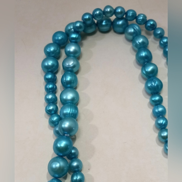 Blue Pearl Necklace 39" Graduated Potato Pearls 6mm-10.5mm Long Dyed - Picture 6 of 8